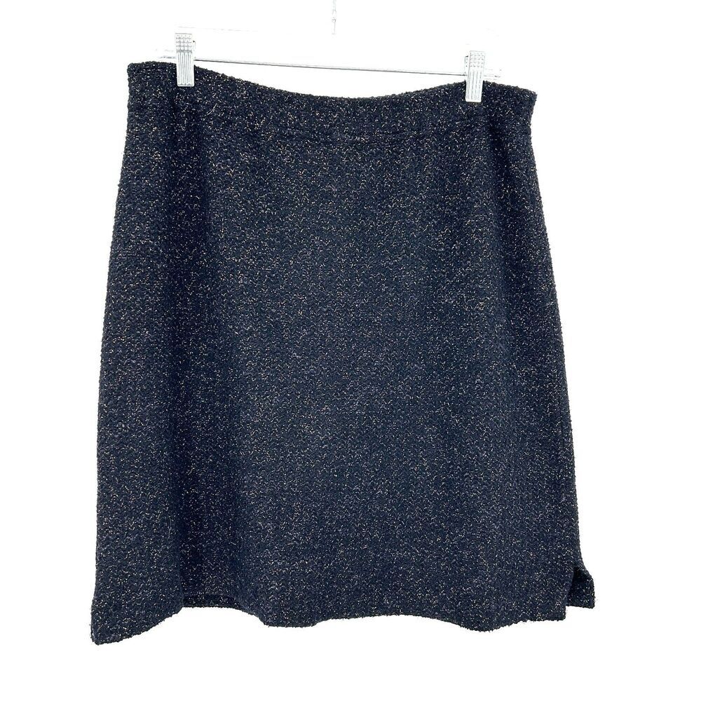 ST. JOHN Dark Navy Blue Wool Metallic Santana Knit Pull On Straight Skirt 12